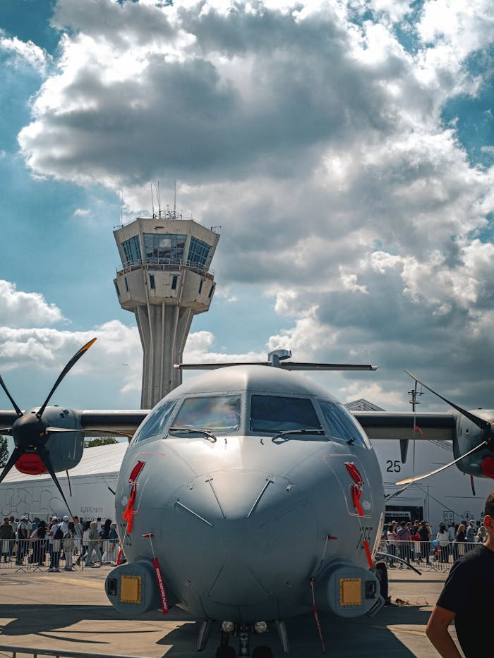 Front view of a large aircraft at an outdoor airshow with a control tower in the background.