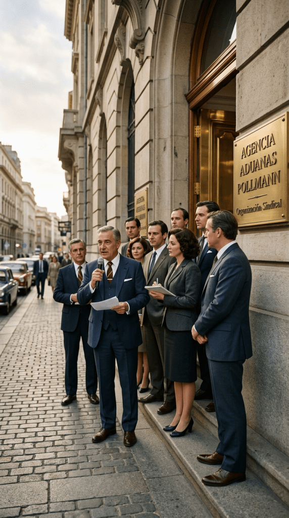 Noticias Importantes Man giving speech with microphone outside Agencia Aduanas Pollmann union office, surrounded by formally dressed colleagues.