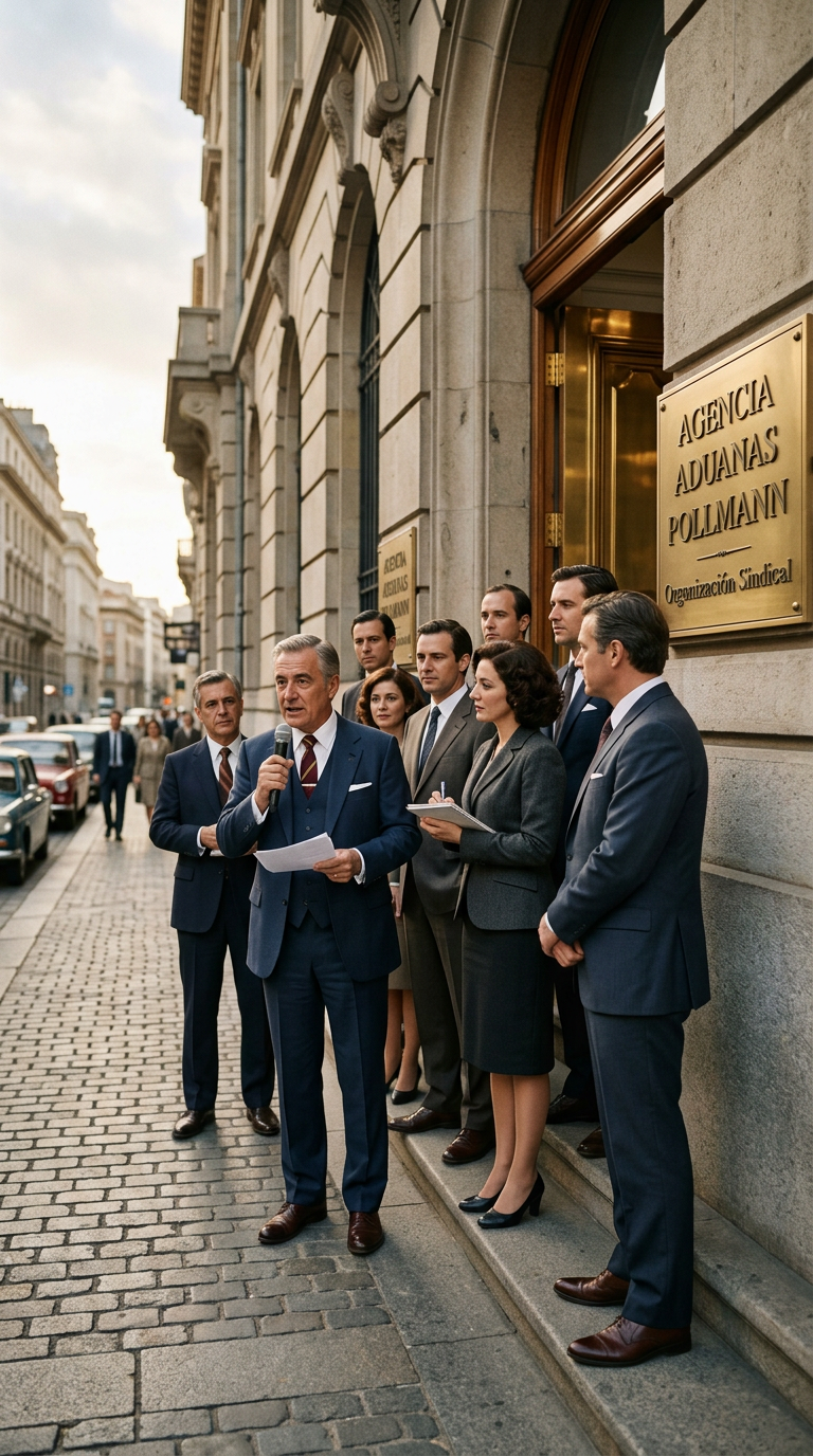 Man giving speech with microphone outside Agencia Aduanas Pollmann union office, surrounded by formally dressed colleagues.